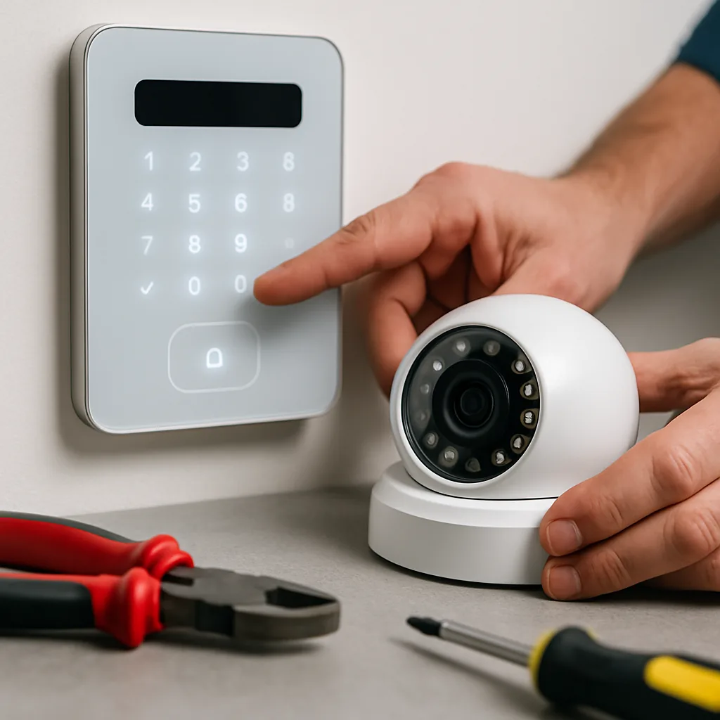 Técnico de DV Sistemas configurando una alarma y una cámara de seguridad