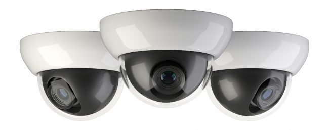 Three wireless security surveillance camera rotated to the side. 3d illustration isolated on a white background.